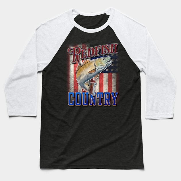 Redfish Country Red Drum Salt Water Bay Fishing USA Flag Baseball T-Shirt by bigraydesigns